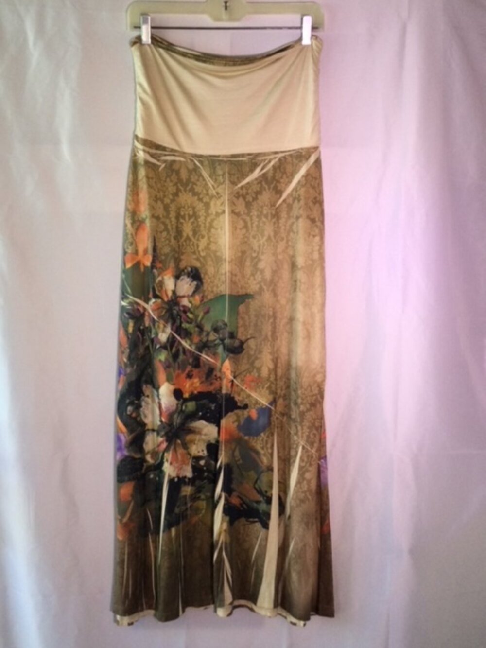 Siren Lily Floral Maxi Skirt Fold Over Waist Brown Boho Stretch Women's